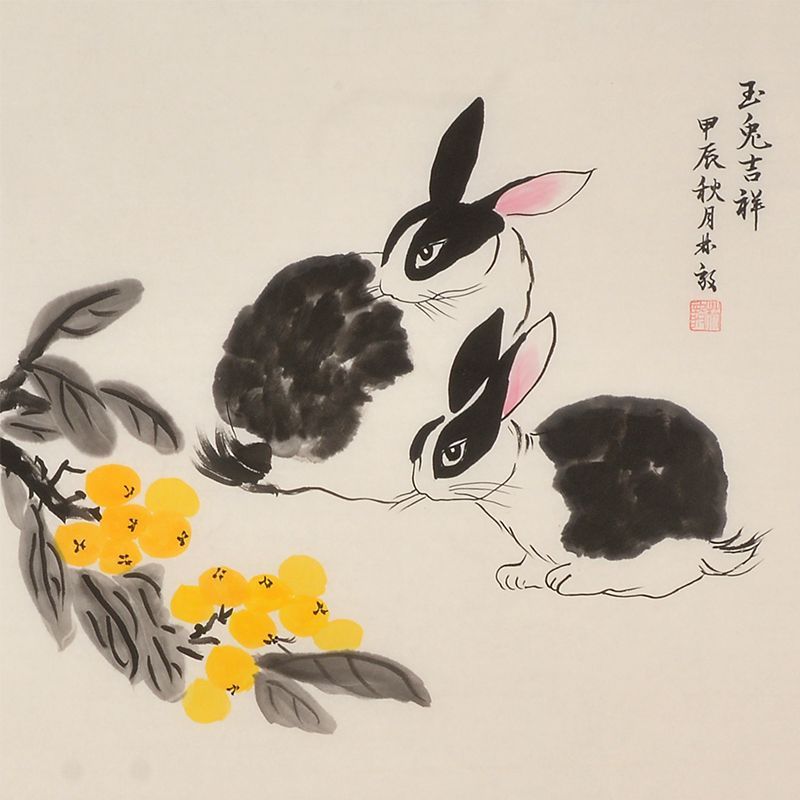 Hand-painted Chinese xieyi two rabbits and golden blossoms painting