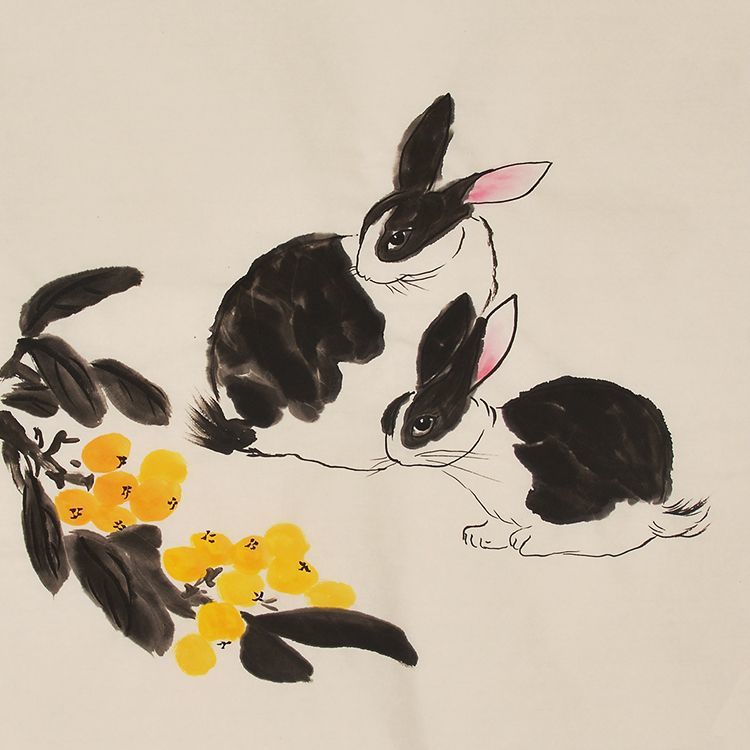 Hand-painted Chinese two rabbits and yellow blossoms painting