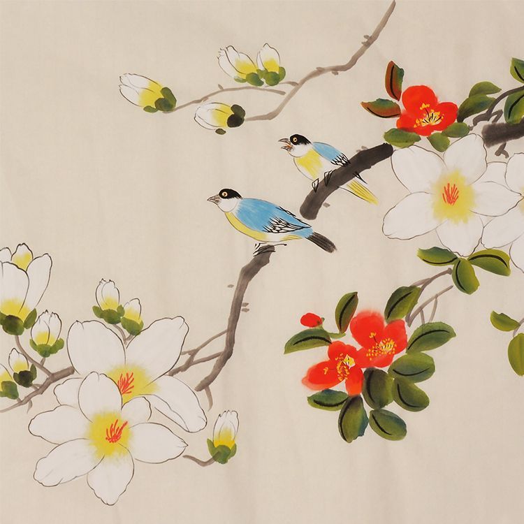 Hand-painted Chinese white blossoms red camellia and blue bird painting