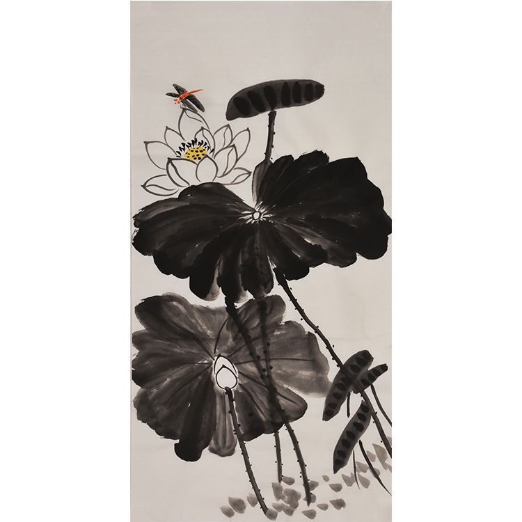 Hand-painted Chinese white lotus and red dragonfly painting, minimalist xieyi lotus wall art for tea room, study, living room and wabi-sabi interiors