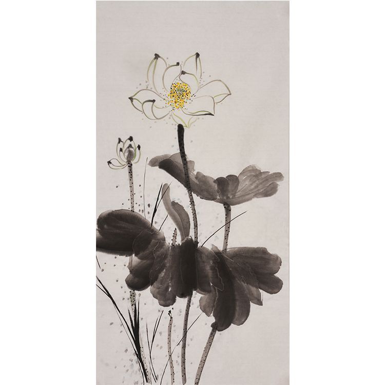 Hand-painted Chinese white lotus and seed pods painting, minimalist xieyi lotus wall art for tea room, bedroom, study and Japandi interiors