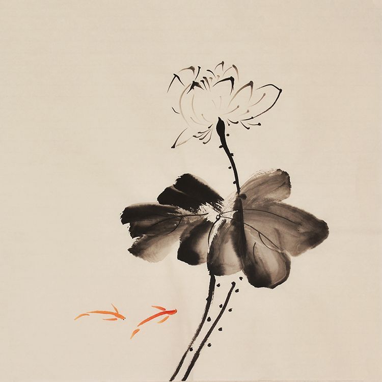 Hand-painted Chinese white lotus and twin orange fish painting