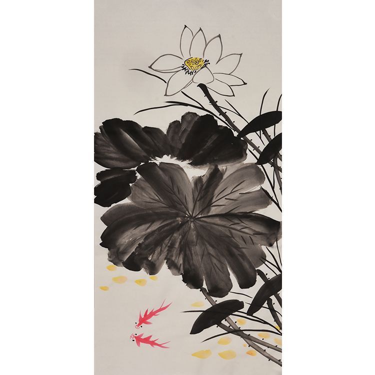 Hand-painted Chinese white lotus and twin red fish painting, xieyi lotus and fish wall art for living room, dining room, tea room and housewarming gift