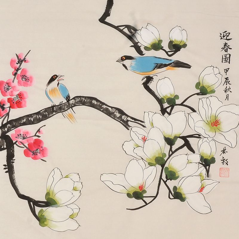 Hand-painted Chinese white magnolia and blue birds painting