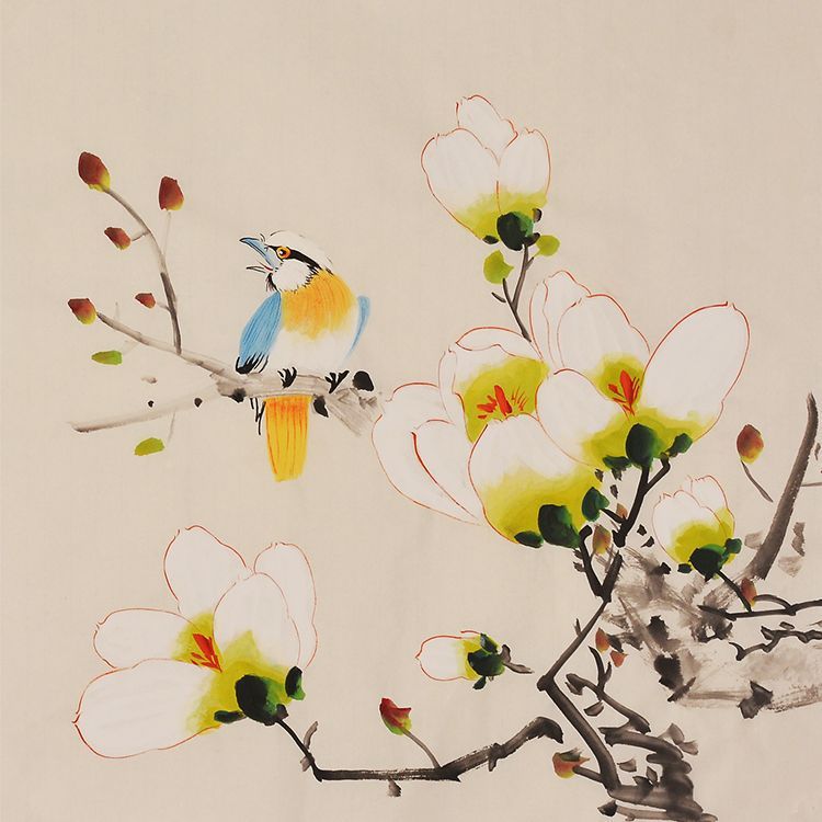 Hand-painted Chinese white magnolia and blue-winged bird painting