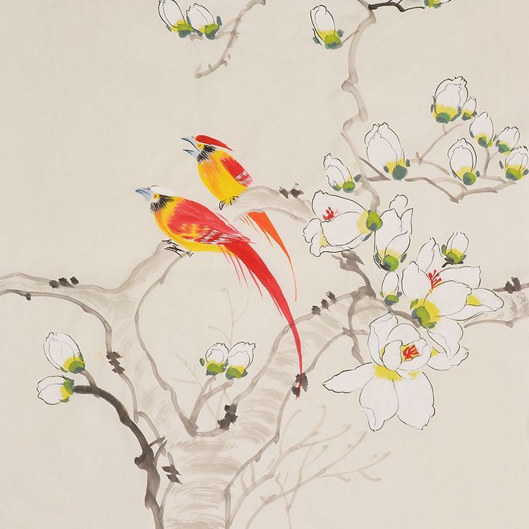 Hand-painted Chinese white magnolia and golden pheasants painting