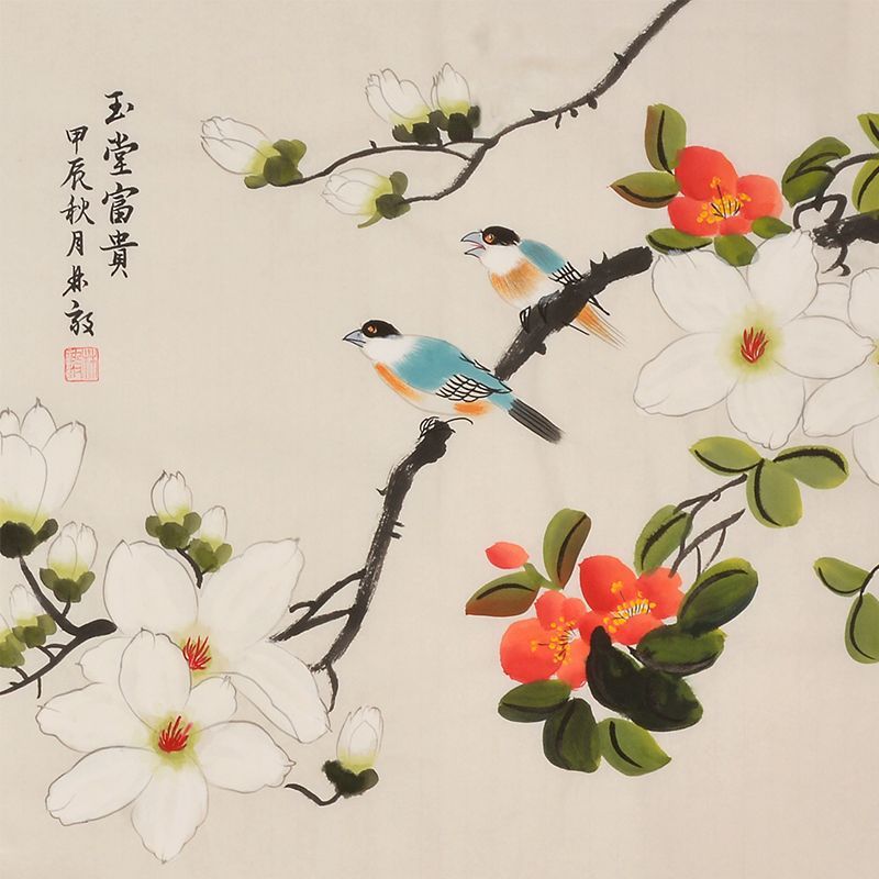 Hand-painted Chinese Yutang Fugui magnolia camellia and birds painting