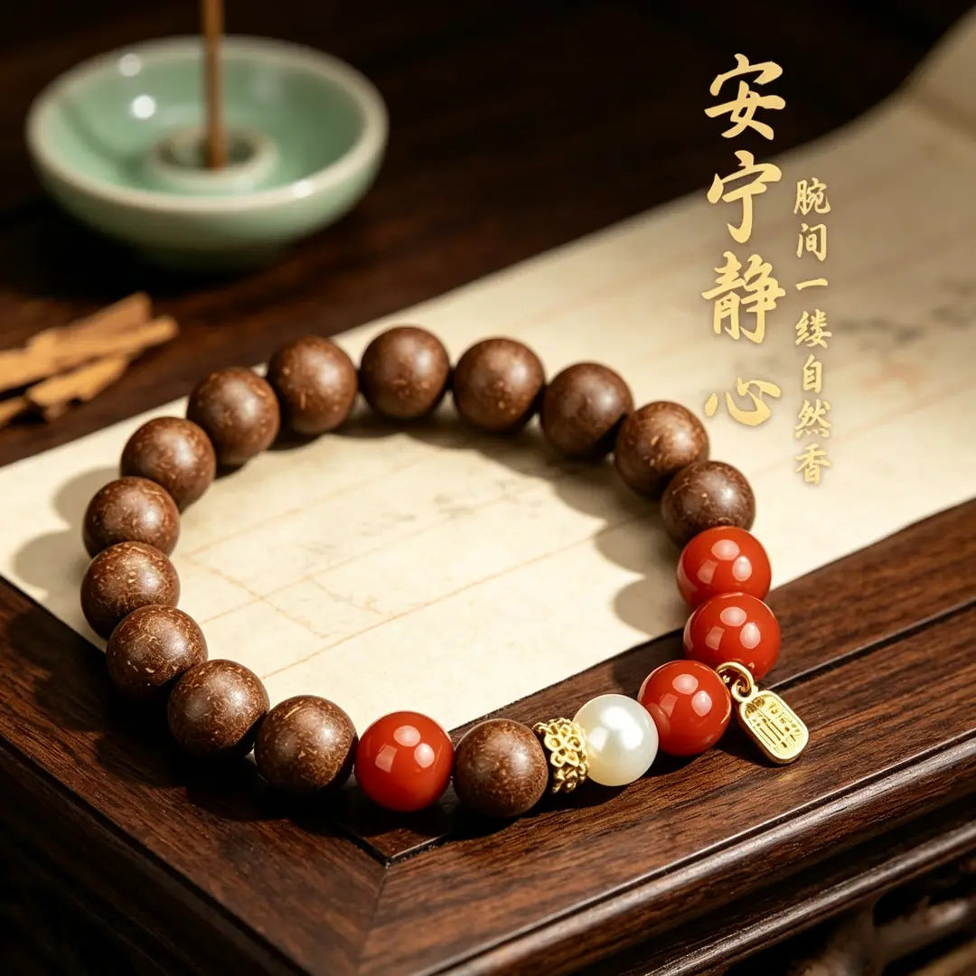 Dark brown herbal incense bead single-wrap bracelet with red accents beside incense and a wood display tray