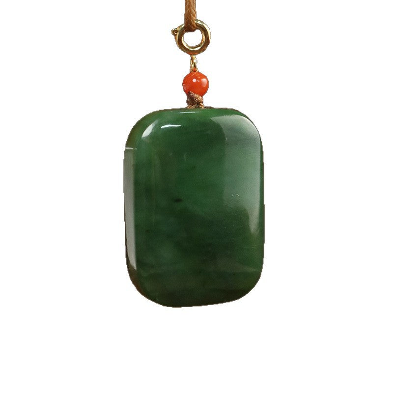 Dark green Hetian Biyu Wu Shi Pai rectangular pendant with red accent bead