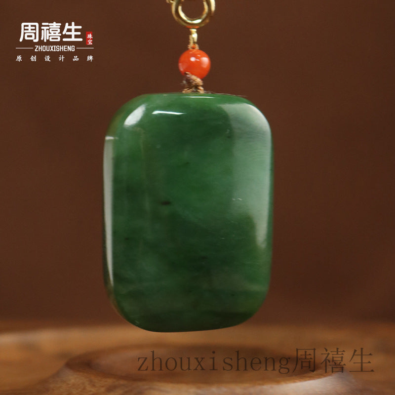 Natural green nephrite rounded plaque pendant polished surface detail
