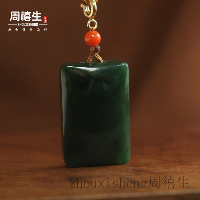 Hetian Biyu peace plaque pendant showing natural green mineral texture