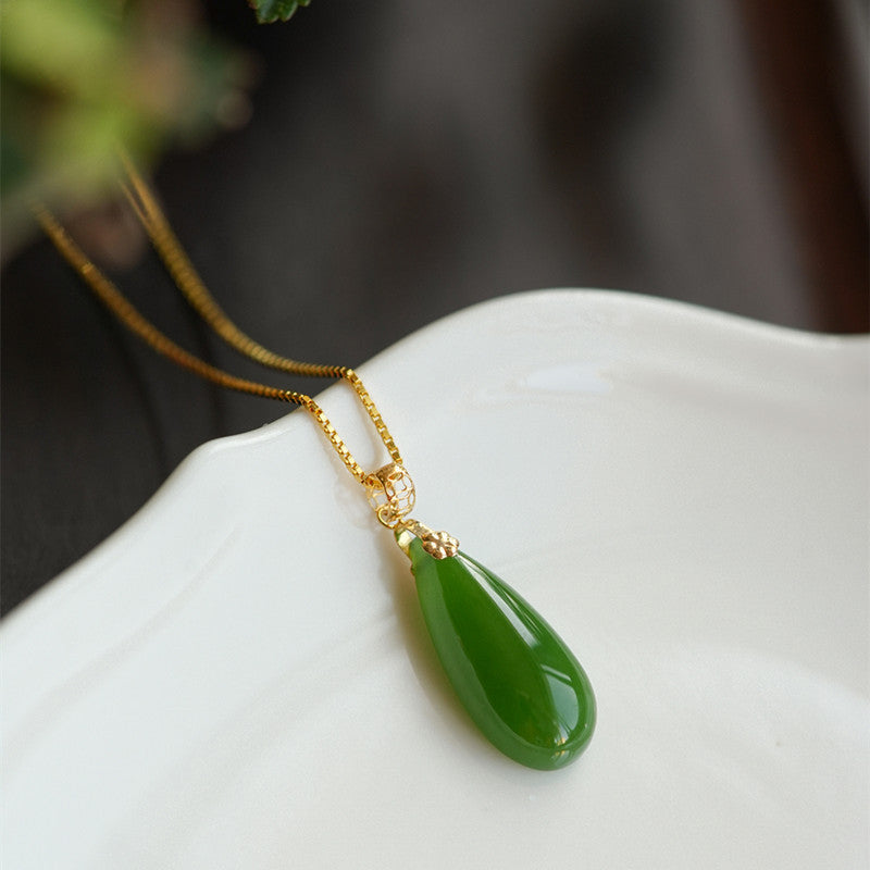 Certified natural Hetian Biyu green nephrite teardrop pendant necklace