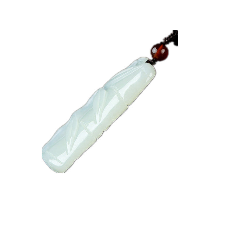 White Hetian nephrite bamboo carving pendant with cord