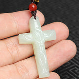 Certified Natural Xinjiang Hetian Jade Cross Pendant – White Nephrite Christian Necklace, 46 × 28 × 8 mm