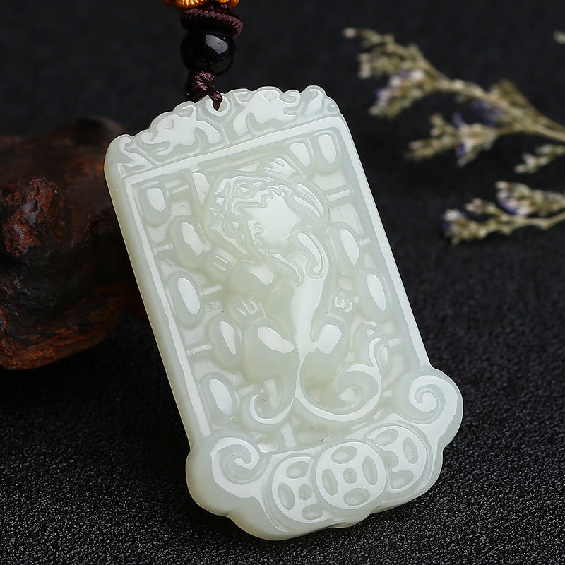 Certified natural white Hetian jade Ruyi abacus Pixiu pendant front view