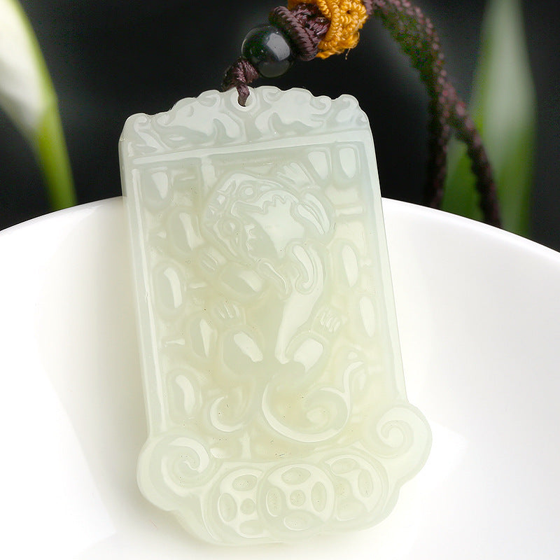 White nephrite Pixiu pendant with Ruyi and abacus carving detail