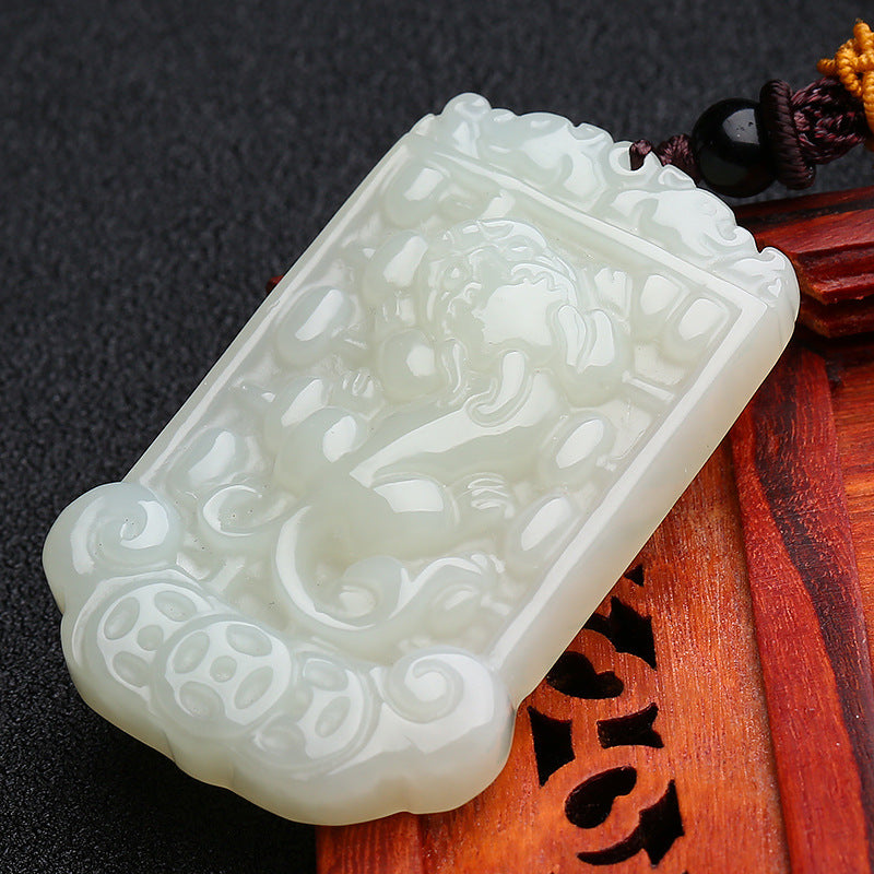 Certified white Hetian jade Pixiu necklace with traditional motifs