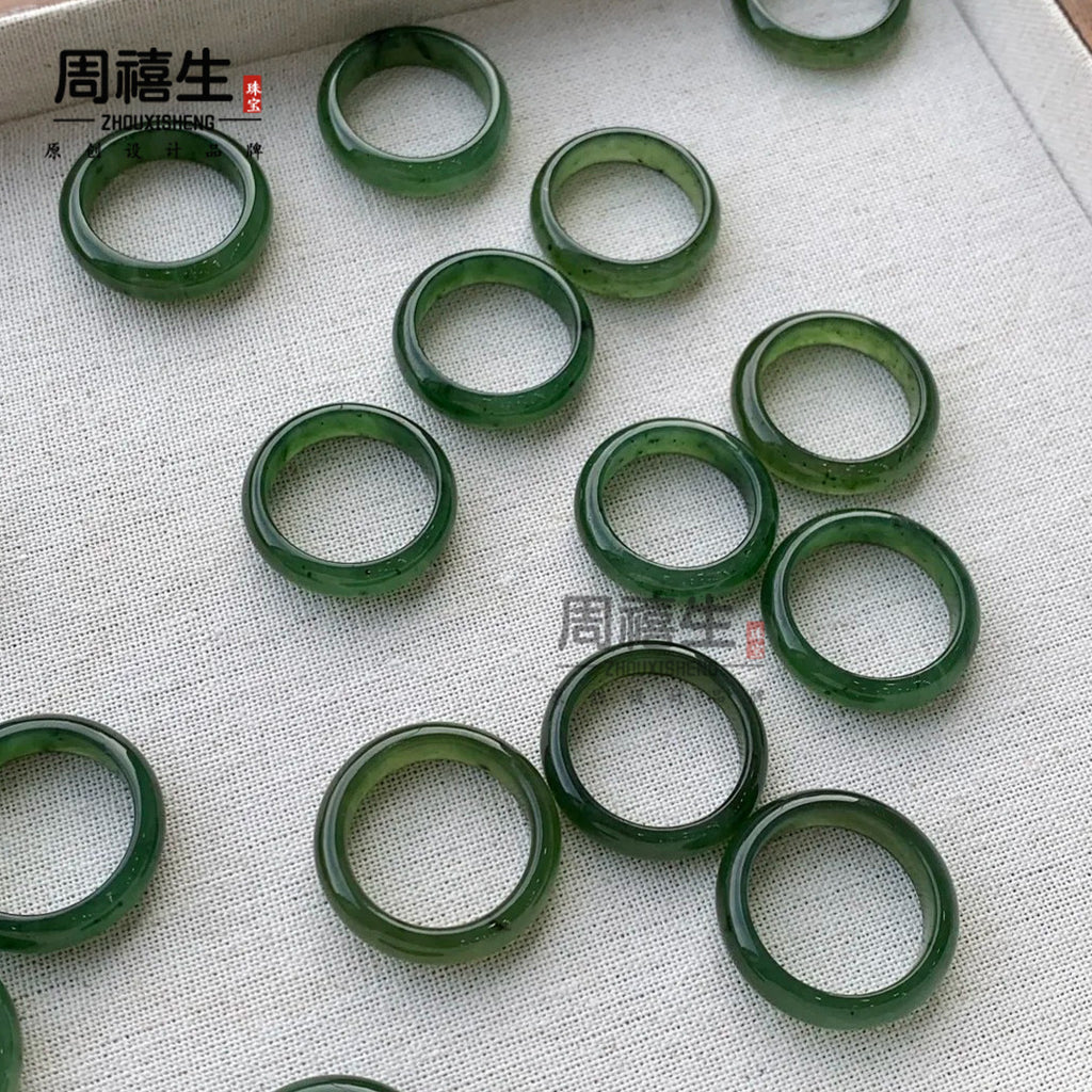 Certified natural Hetian jade solid band rings in deep spinach green and pale celadon