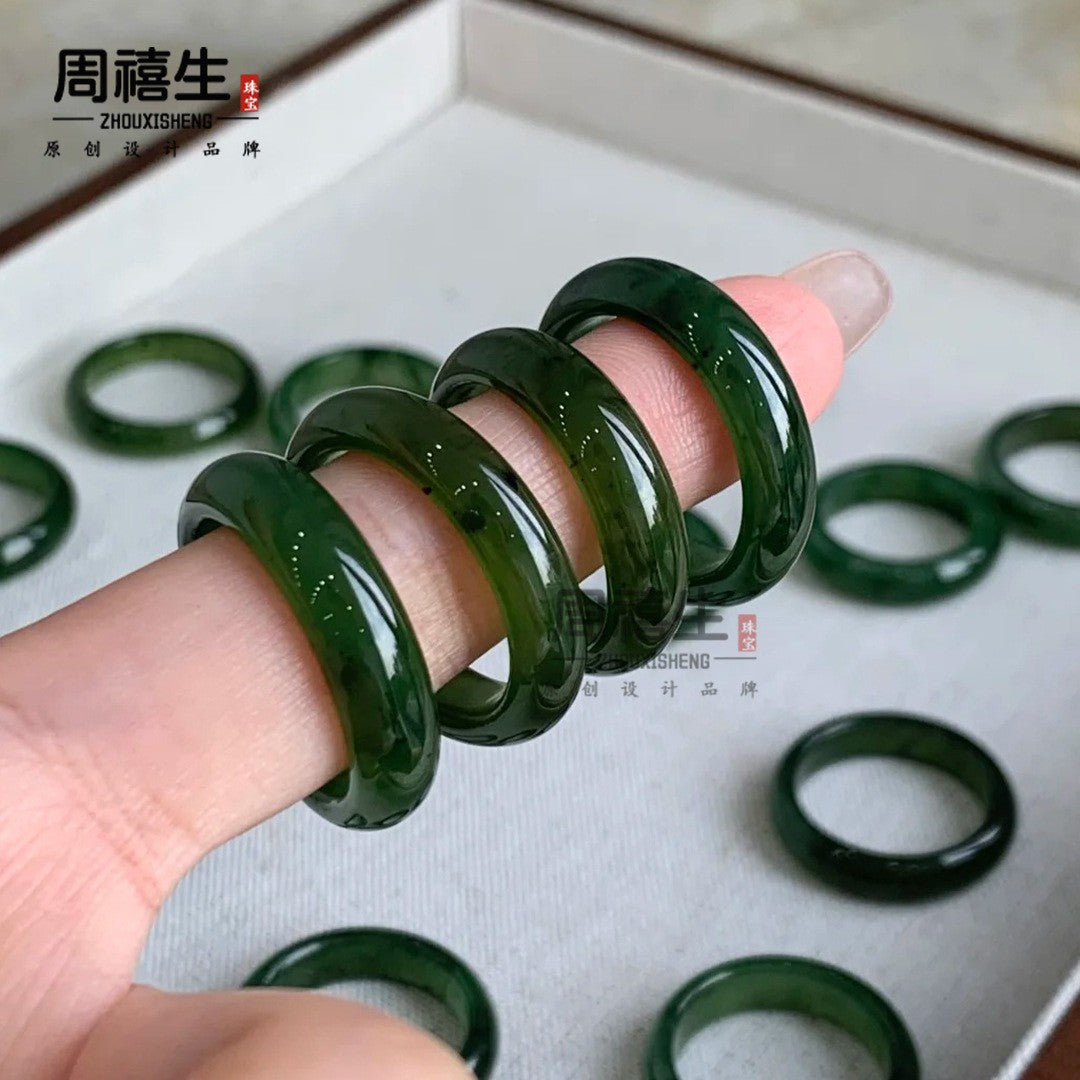 Natural Hetian jade solid ring collection in multiple green tones