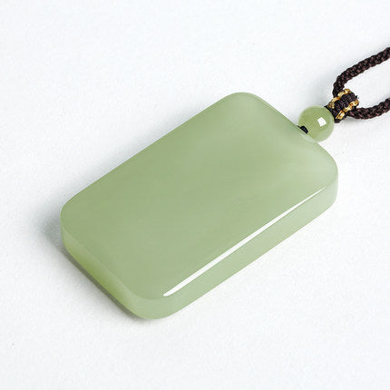 Natural pale green Hetian jade peace plaque with woven cord