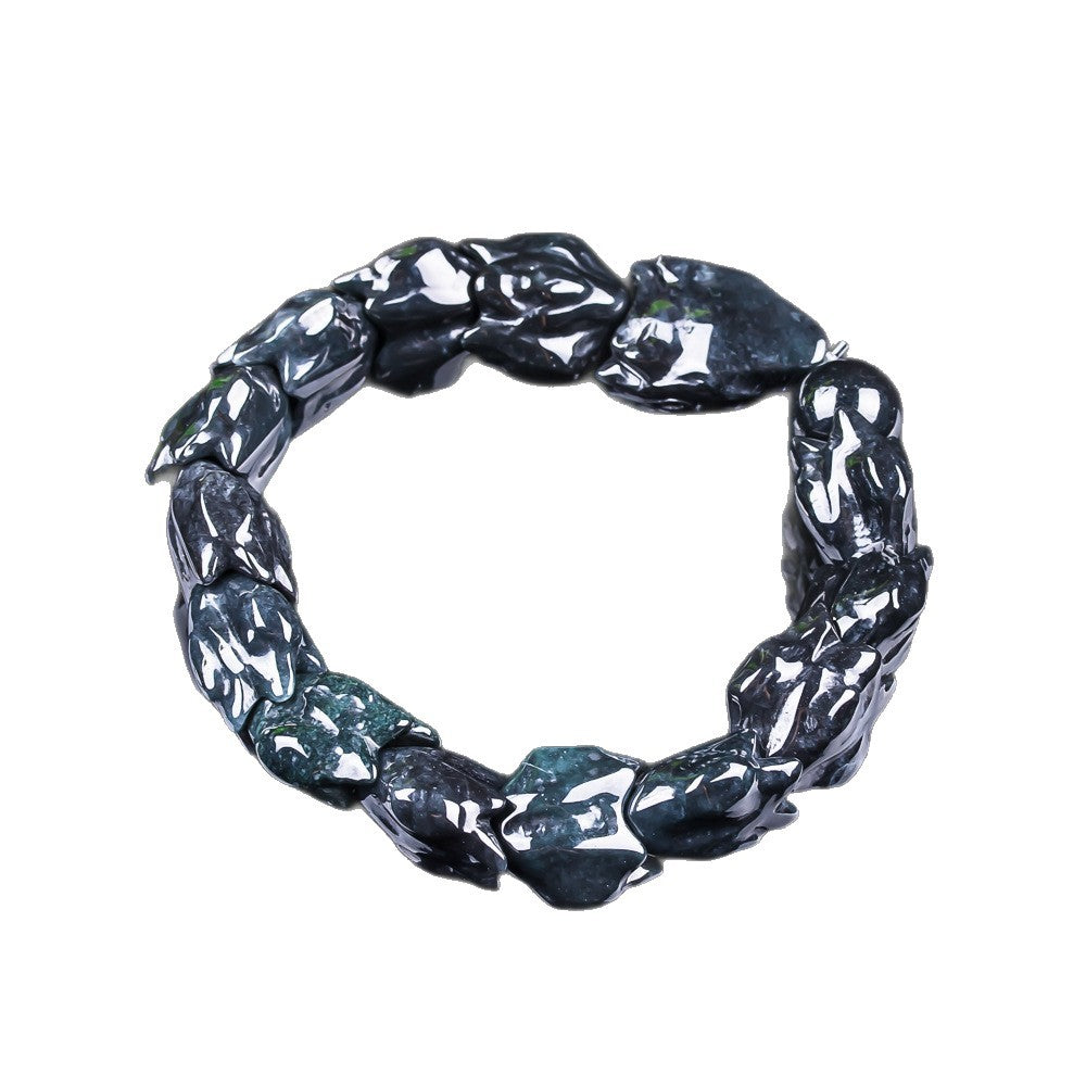 Certified natural high-ice jadeite 16 mm dragon bone bracelet in smoky blue green tones