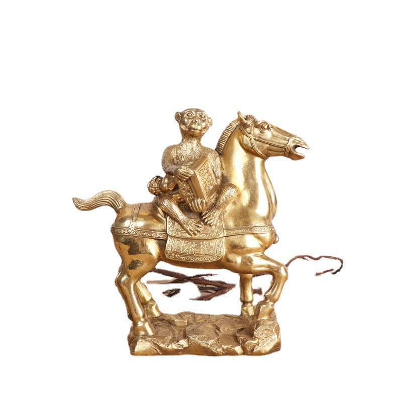 Auspicious Chinese rider on horse copper-tone sculpture for office decor