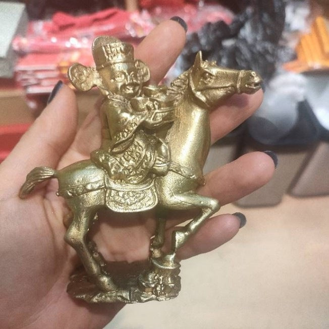 Small Chinese auspicious wealth deity riding horse copper-tone sculpture