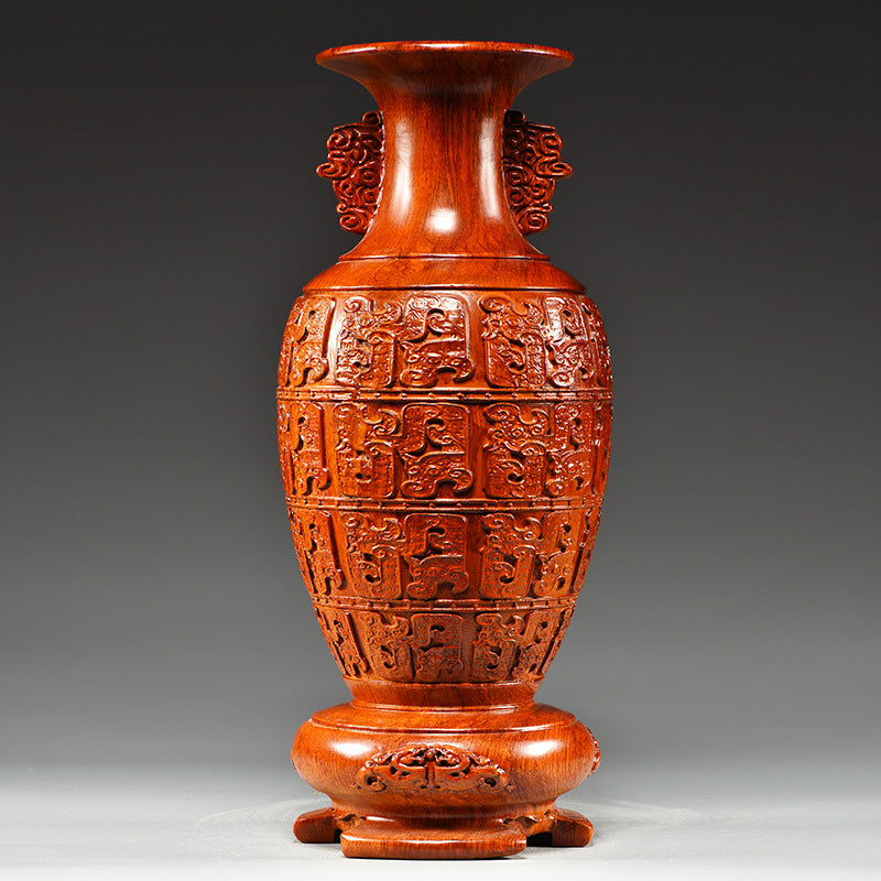 Huali wood Han-style carved decorative vase with archaic relief motifs for new Chinese living room entrance and office decor