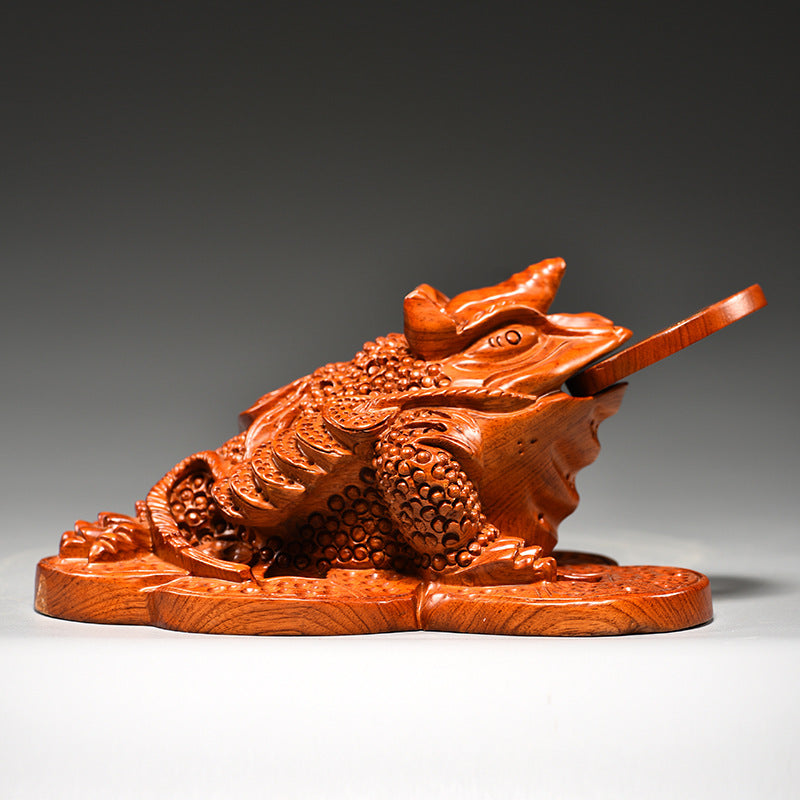Huali wood Jin Chan three-legged money toad sculpture with treasure-offering design for shop office and business opening decor