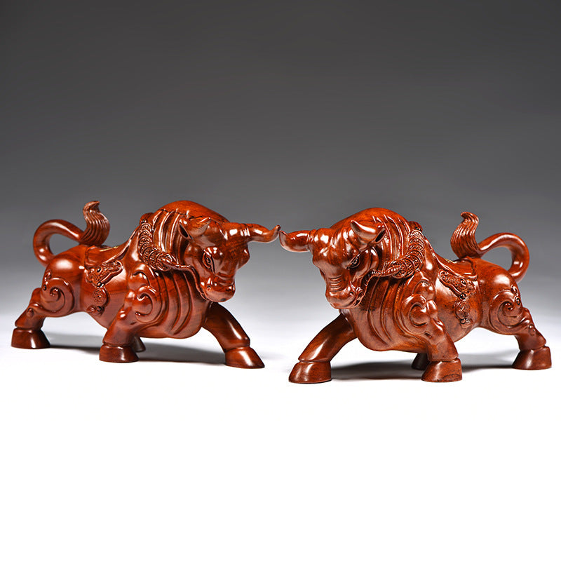 Pair of Huali wood carved Wall Street Bull sculptures for business office and executive gifting