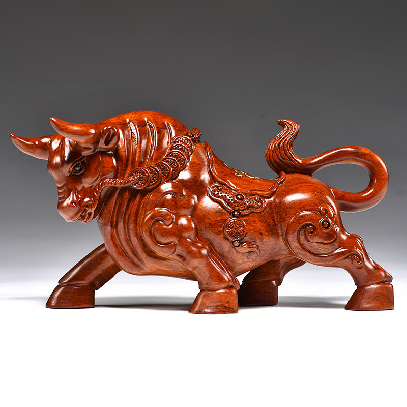 Huali wood carved Wall Street Bull sculpture for office business and executive decor