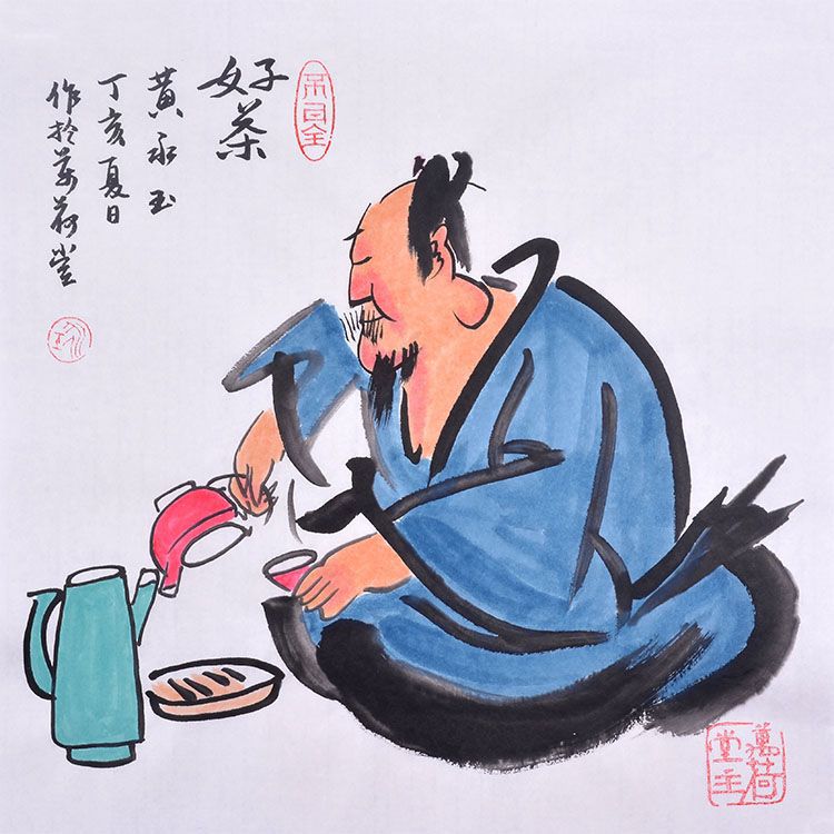Huang Yongyu inspired hand-painted Chinese tea figure painting of a scholar pouring tea, 50 x 50 or 68 x 68 cm