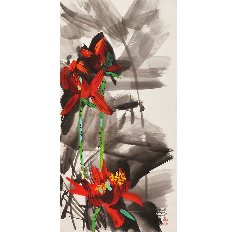 Hand-painted Chinese lotus painting after Huang Yongyu style, expressive floral ink composition