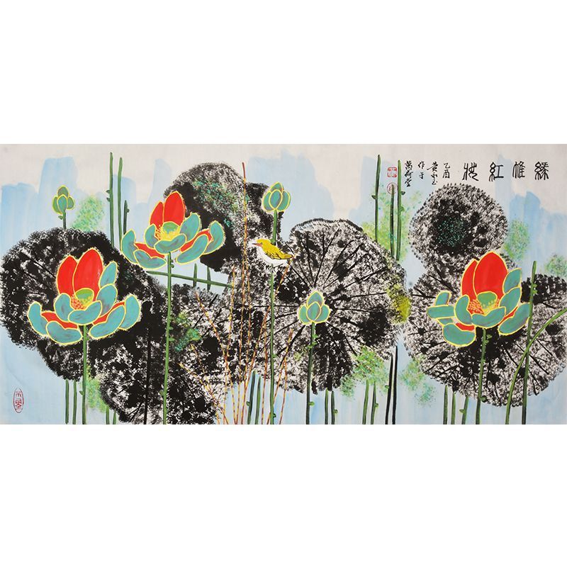 Hand-painted Chinese lotus art inspired by Huang Yongyu with expressive colorful leaves and flowers