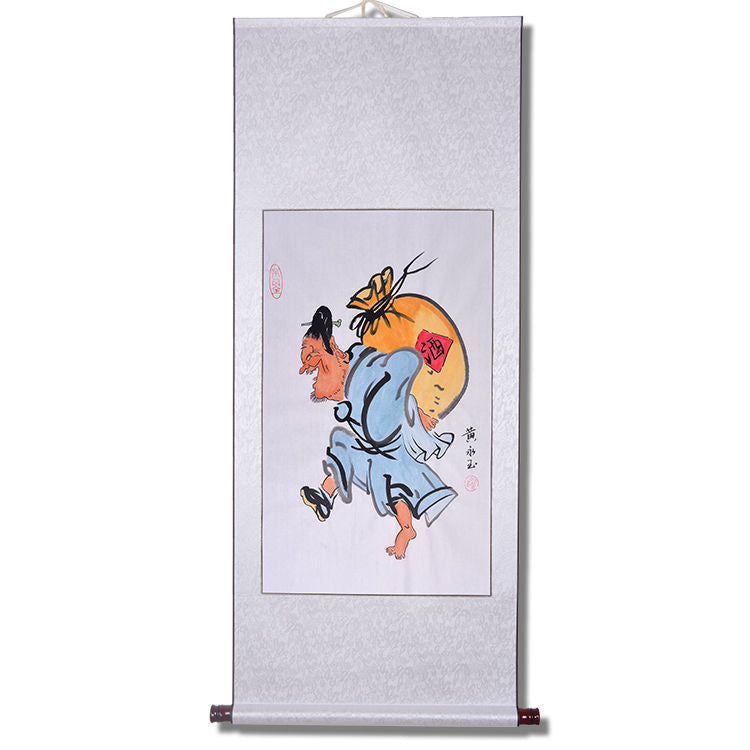 Huang Yongyu inspired wine porter figure painting shown as a hanging scroll display example