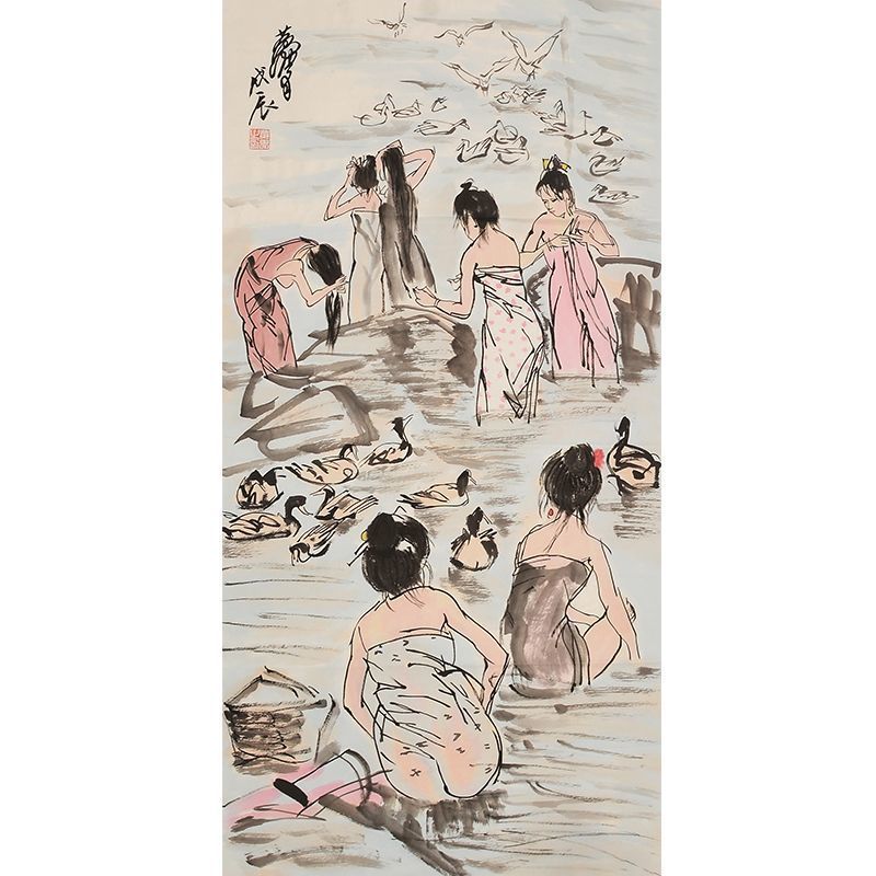 Hand-painted Chinese figure painting inspired by Huang Zhou, women bathing in a lively rural scene