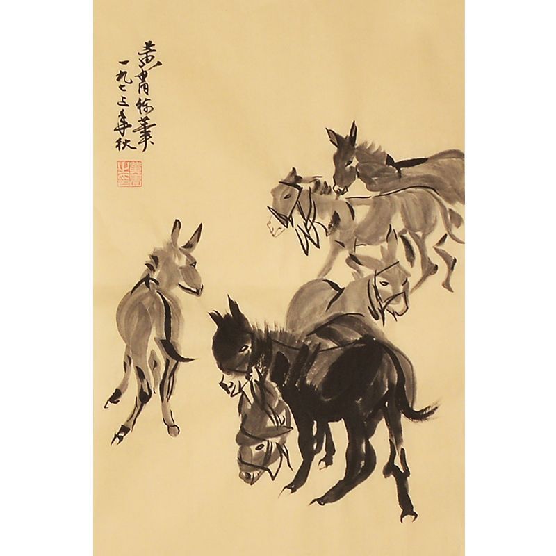 Hand-painted Chinese ink painting of a donkey herd inspired by Huang Zhou