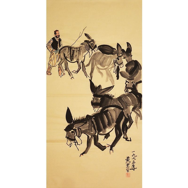 Hand-painted Chinese ink painting inspired by Huang Zhou, traditional figure and animal artwork