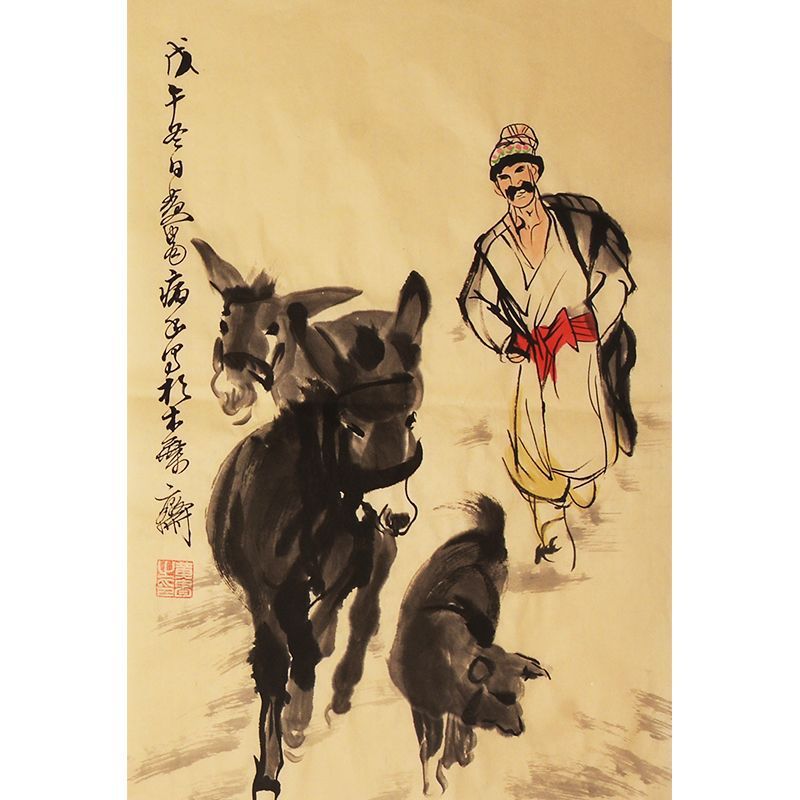Hand-painted Chinese ink figure painting of man with donkeys, inspired by Huang Zhou