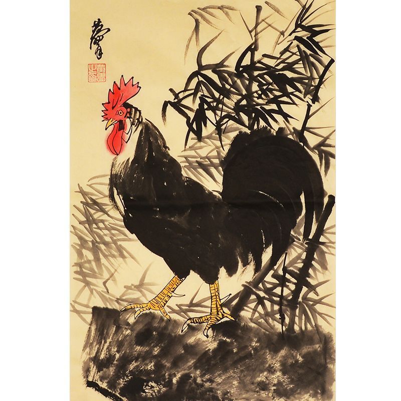 Hand-painted Chinese rooster painting inspired by Huang Zhou, expressive ink and color bird art
