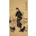 Hand-painted Chinese figure painting of rural woman with chickens, inspired by Huang Zhou