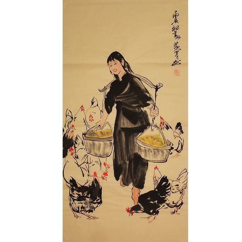 Hand-painted Chinese figure painting of rural woman with chickens, inspired by Huang Zhou
