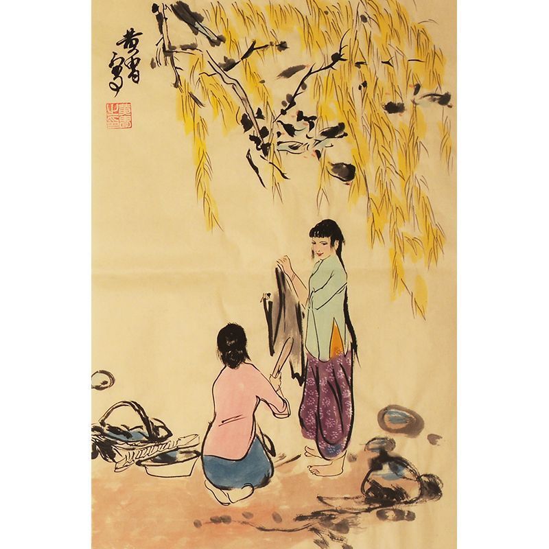 Hand-painted Chinese figure painting of women beneath willow branches, inspired by Huang Zhou
