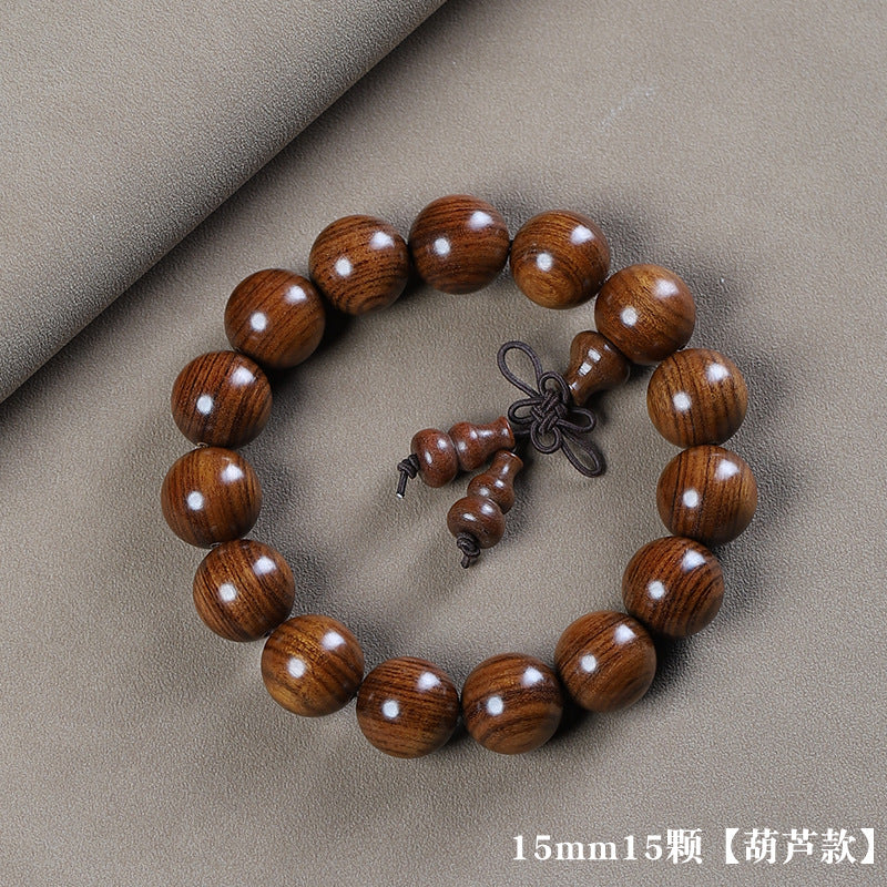 Huanghuali-style 15mm wood bead bracelet with gourd-shaped hanging accents