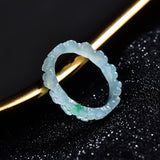 Certified Natural Icy Blue Water Jadeite Carved Floral Ring – Clever-Green Blossom Band, 17–22 mm