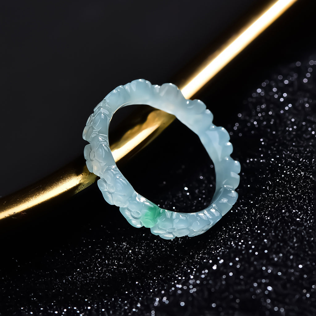Blue water jadeite blossom band ring with natural green colour accent