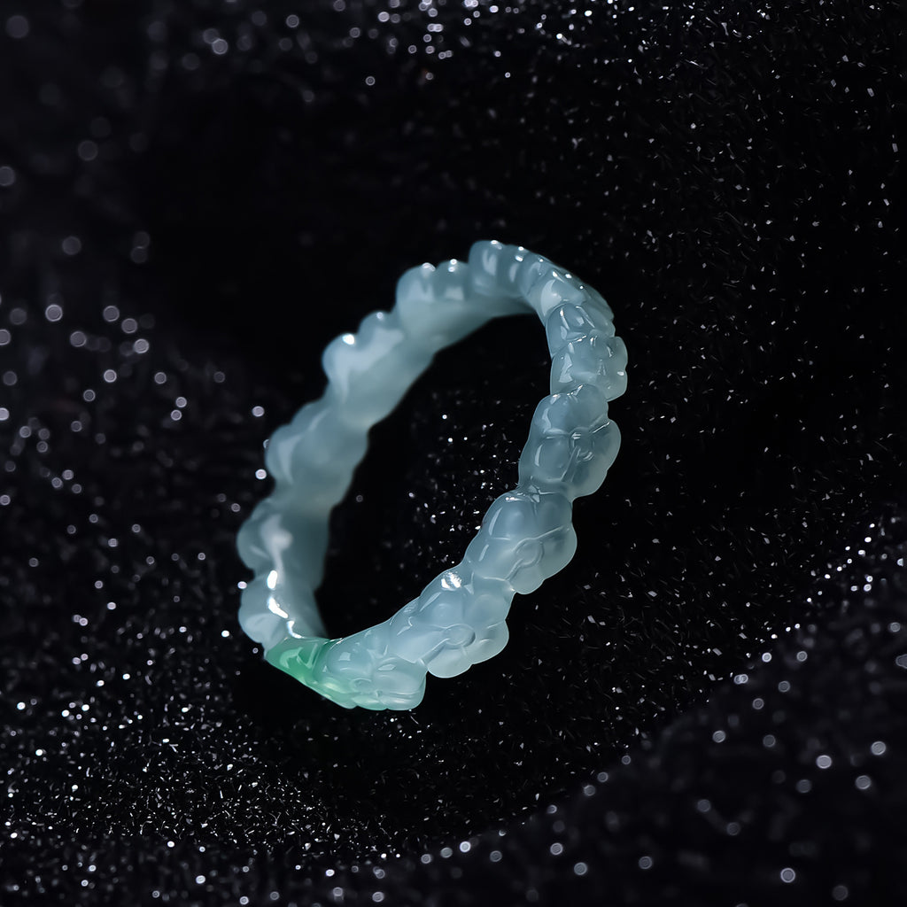 Natural icy jadeite flower band ring polished detail