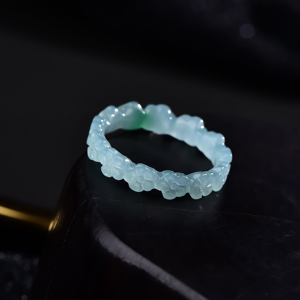 Certified blue green jadeite carved flower ring side view