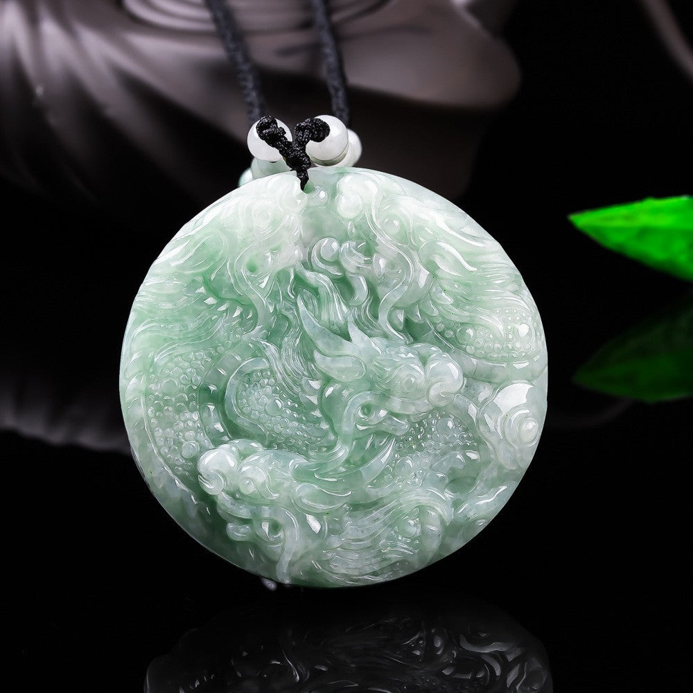 Natural icy green jadeite dragon disc pendant polished carving detail