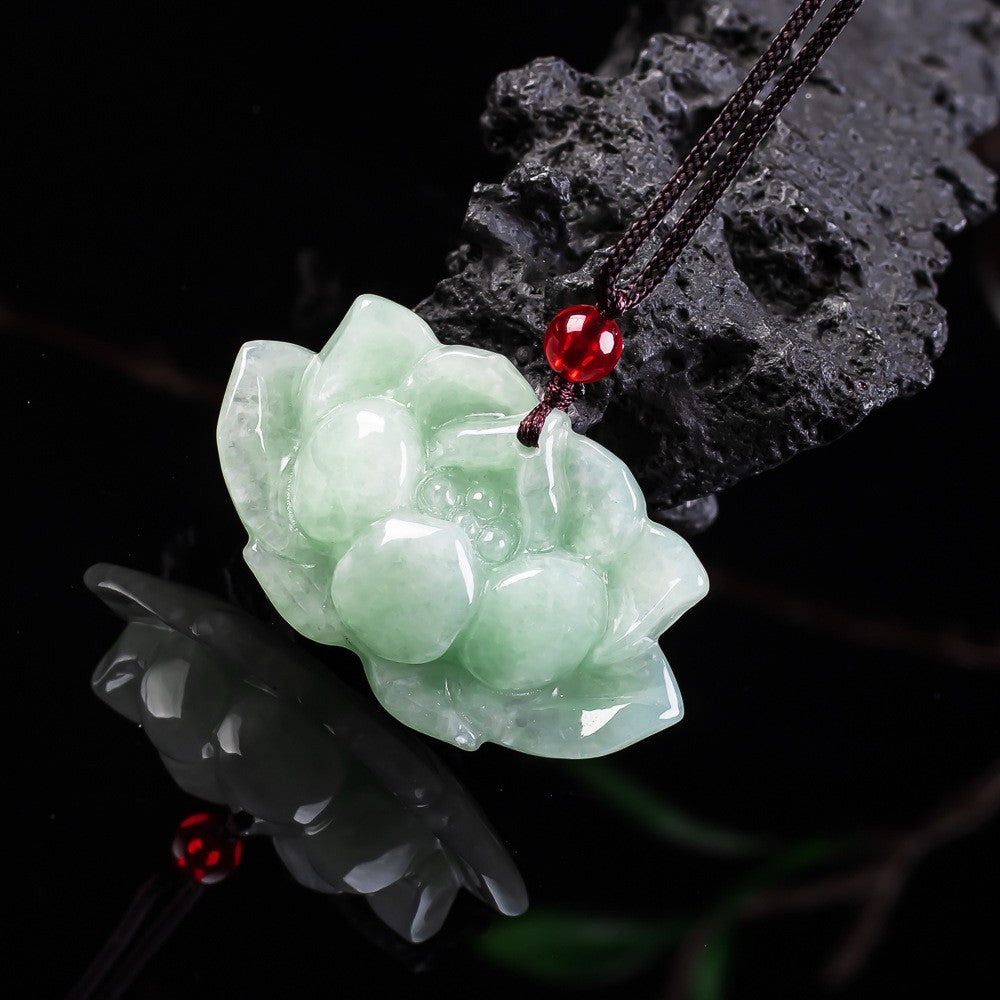 Certified natural Grade A icy green jadeite lotus flower pendant front view